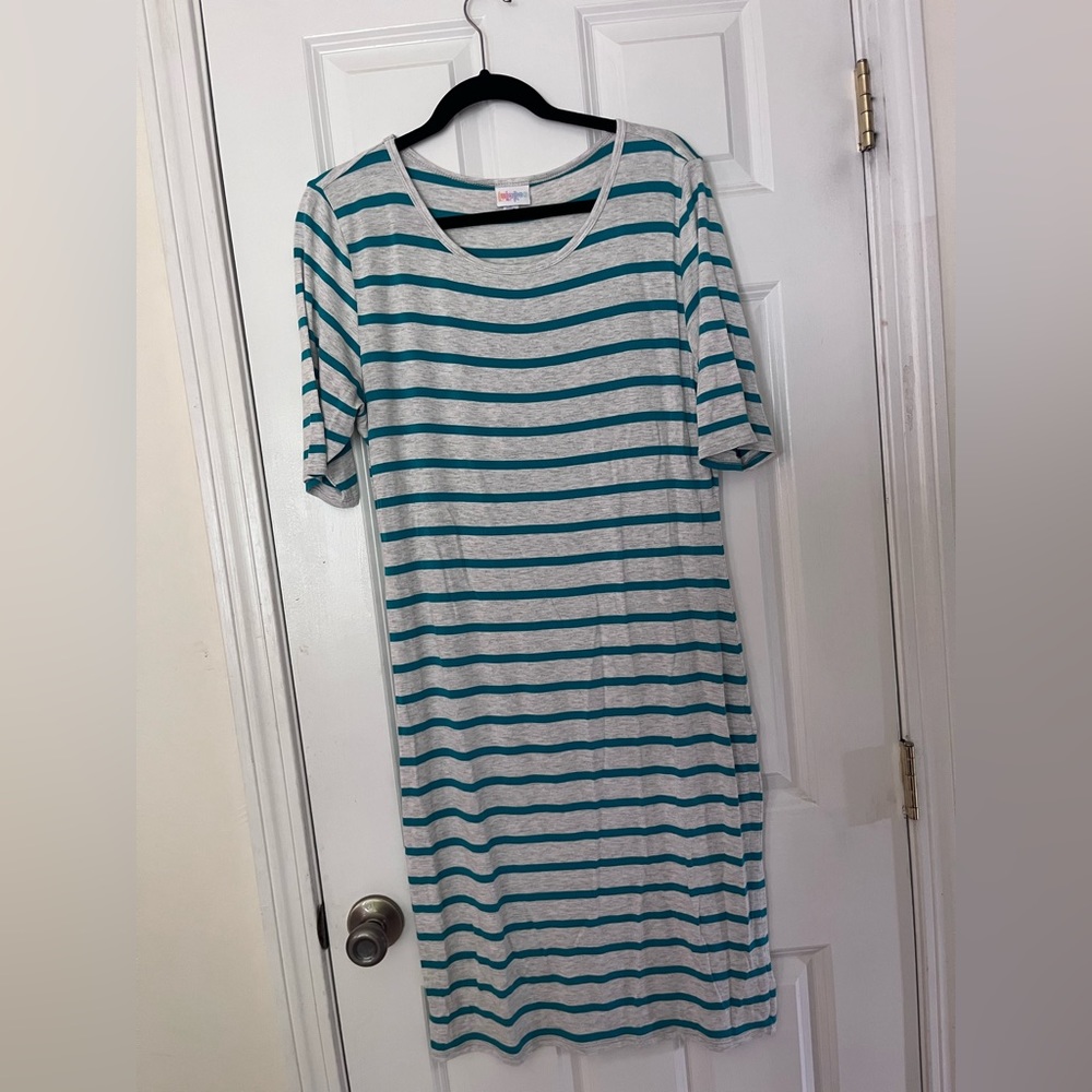Lularoe Large Julia Dress Teal stripes